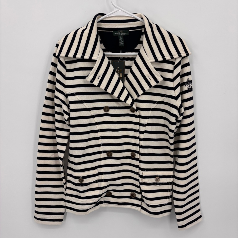 Lauren Ralph Lauren Nautical Blazer Womens Medium Ivory Navy NEW Striped Knit